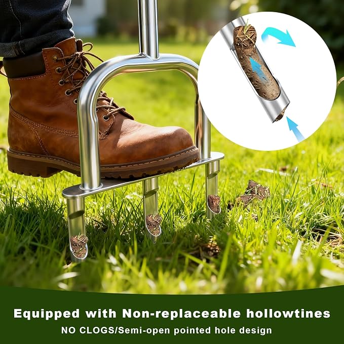 Manual Core Lawn Aerator, Metal Aerator Lawn Tool with 3 Replaceable Hollow Tine - Semi-Assembled Yard Aeration Tool for Lawn Care, Lawn Aeration, Garden Tool, Revives Lawn Health