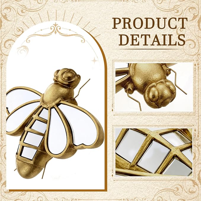 Sliner 2 Pcs Bee Mirror Wall Decor, Gold Resin Aesthetic Insect Wall Art, Vintage Decorative Bug Animal Glass Mirrors for European Themed Home Nursery Garden, Elegant Nature Gift for Summer Wedding