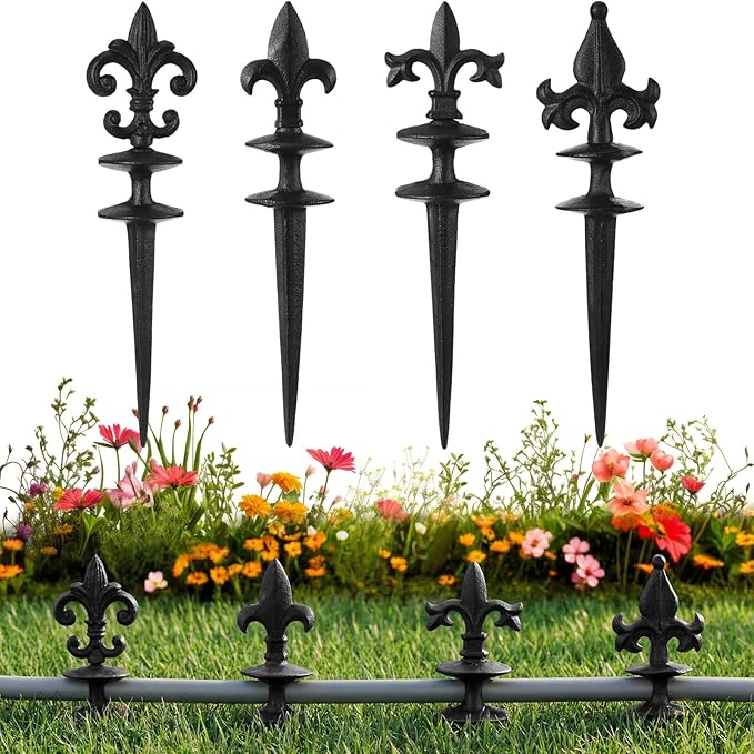 4 Pcs Antique Garden Hose Guide Spike, 13.7" Fleur De Lis Decorative Cast Iron Finial Stakes Heavy Duty Metal Plant Saver Tools Outdoor Hose Protection for Lawn Yard Patio(Black,Assorted Styles)