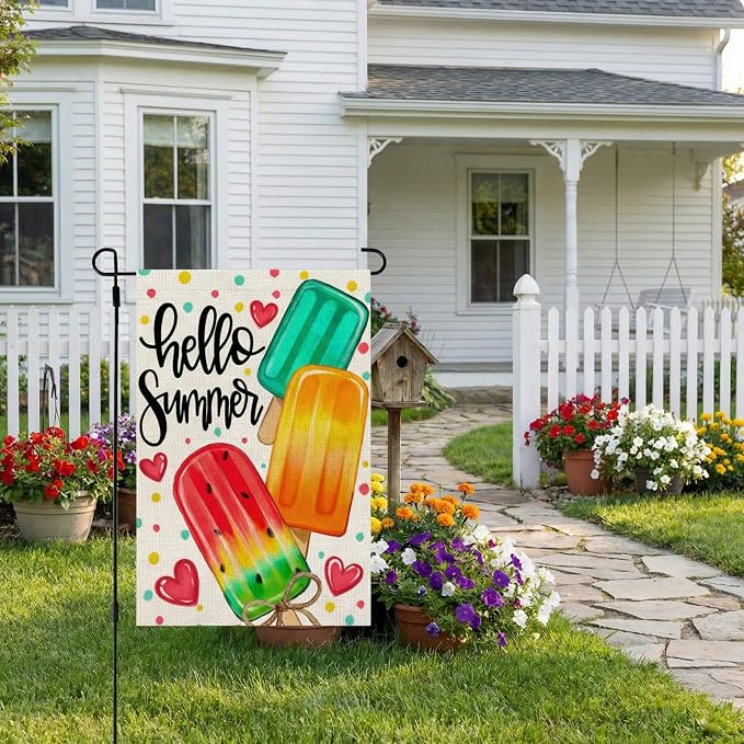 CROWNED BEAUTY Summer Garden Flag Popsicles Double Sided 12x18 Inches Small Burlap Seasonal Welcome Yard Decoration for Outside Porch CF1813-12