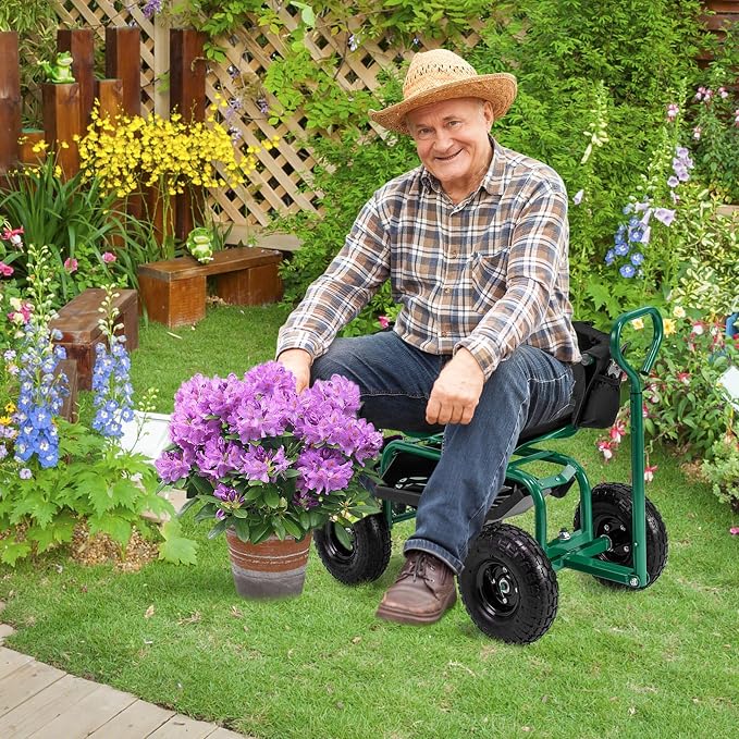 Garden Cart with Seat, Heavy-Duty Rolling Wagon Scooter with Wheels, Height Adjustable & 360° Swivel Seat, Storage Tray, Basket & Handle, Outdoor Gardening Work Seat for Patio Yard(Green)