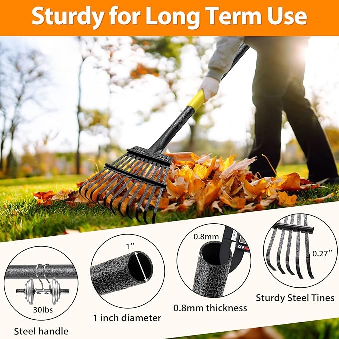 Rake for Leaves - 11 Tines Heavy Duty Metal Small Narrow Leaf Rakes, Adjustable Garden Rake for Lawns Yard Flower Bed Grass Mulch Shrub Camping Gardening 65inch
