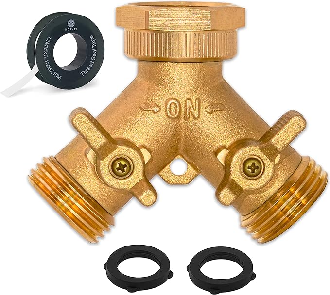 Morvat Brass Heavy-Duty Garden Hose Water Splitter | LEAD-FREE 2-Way Y Splitter for Water Spigot & Faucet | Manifold Connector ON/OFF Valves w/Improved Comfort Grip, 3 Extra Washers & Teflon Tape