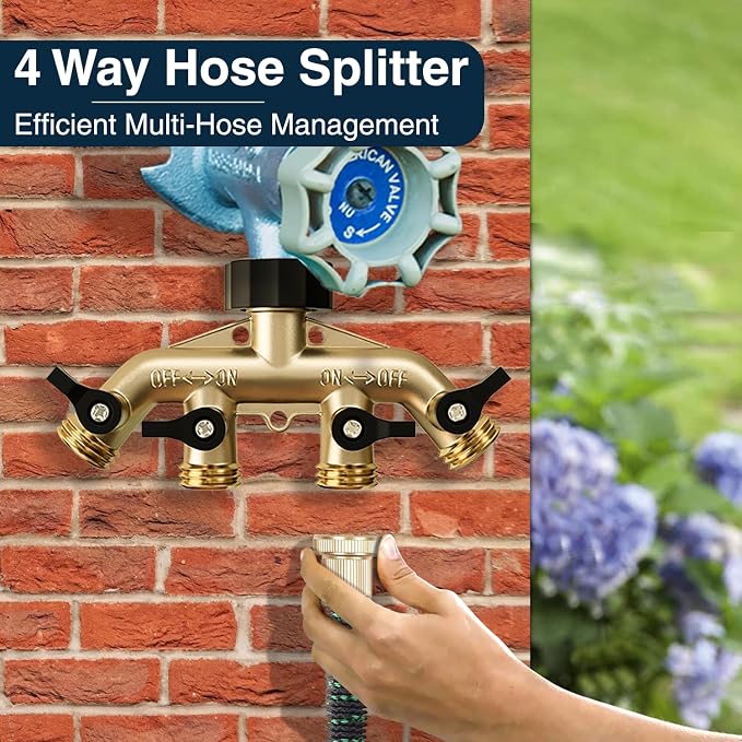DBR Tech® Heavy Duty 4 Way Hose Splitter (Premium Brass for Superior Durability), Wye Garden Hoses Connector for Water Spigot Faucet Bib Tap, Y Adapter, Rust-Resistant Finish