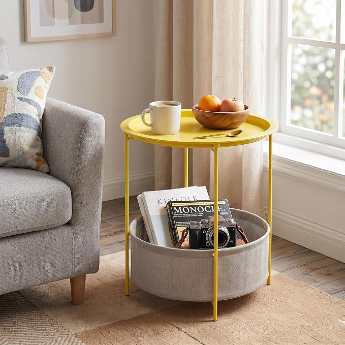 VECELO Round Side/End Table with Fabric Storage Basket，Metal Anti-Rust and Waterproof Small Bedside Nightstand with Removable Tray Top for Living Room，Balcony & Laundry，Yellow /1pcs with Basket