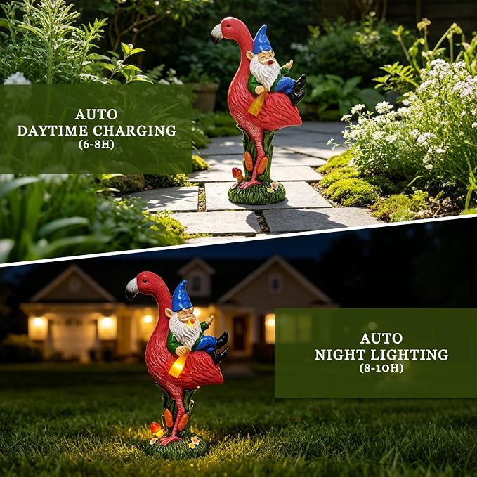 Solar Garden Gnome Riding Flamingo Sculpture with LED Light, Resin, Multicolor, Outdoor Yard Lawn Patio Decor