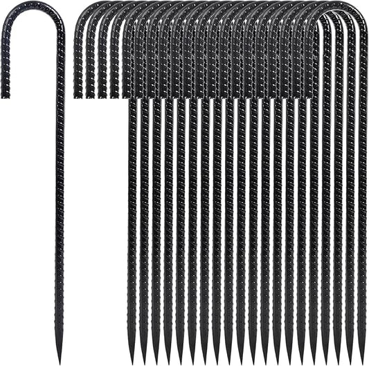 Homwin 12 Inch Heavy Duty Rebar Stakes, 20-Pack Galvanized Steel J Hook Tent Stakes for Outdoor Decorations, Inflatables, Fencing, Gardening, Gazebo and Swing Set Anchors