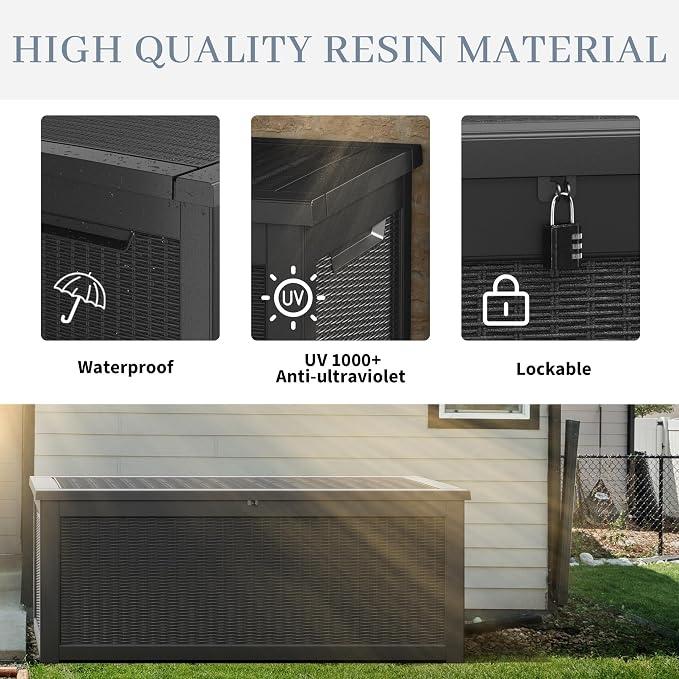 Outdoor Storage Box, 320 Gallon Resin Deck Boxes Outdoor Waterproof For Patio Furniture, Garden Tools, Pool Supplies, Lockable And UV Resistant (Rattan Black)