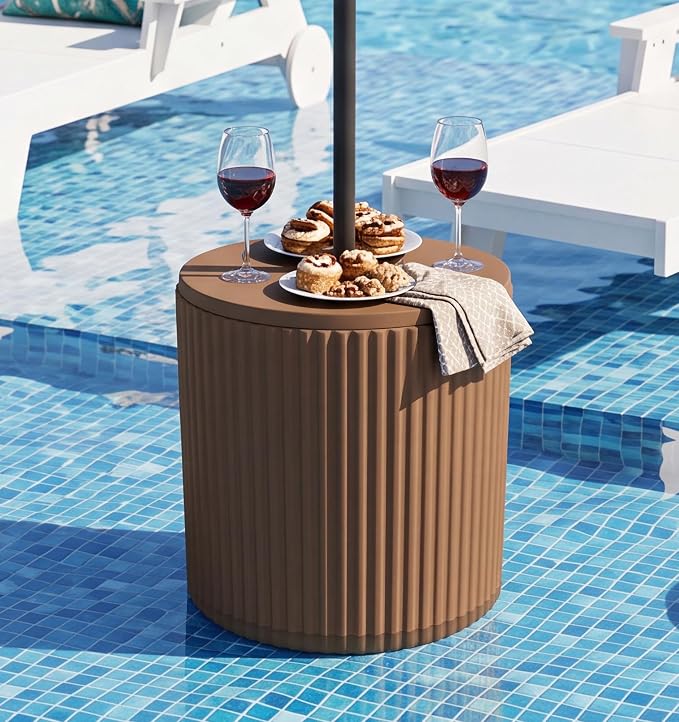 SERWALL Round Outdoor Umbrella Side Table, 3-in-1 Outdoor Patio Table with Umbrella Hole for Porch/Patio/Poolside, Brown