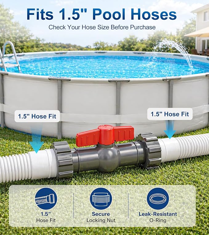 Pool Hose Connector with Valve, 1.5" to 1.5" Pool Hose Adapter Valve for Leak-Proof Dual Seal and Control Water Flow, Durable PP Material, Easy No-Tool Install for Above Ground Pools and Filter Pump