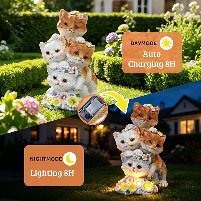 Solar Cat Garden Statues with 6 LED Flower Lights, Stacked Kitten Figurine, Garden Decor for Outside, Birthday Gifts for Women Cats Lovers Mom Grandma