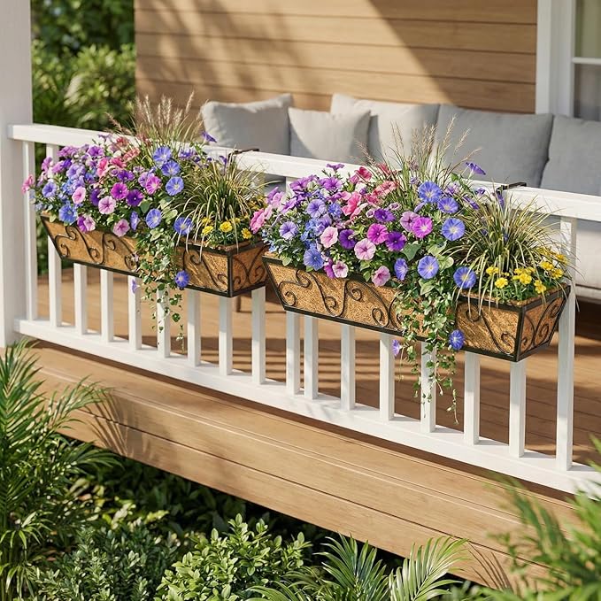 6PCS 30 Inch Railing Planter with Adjustable Brackets, Window Box with Coco Liner, Hanging Flower Box for Balcony Deck Fence, Metal, Black