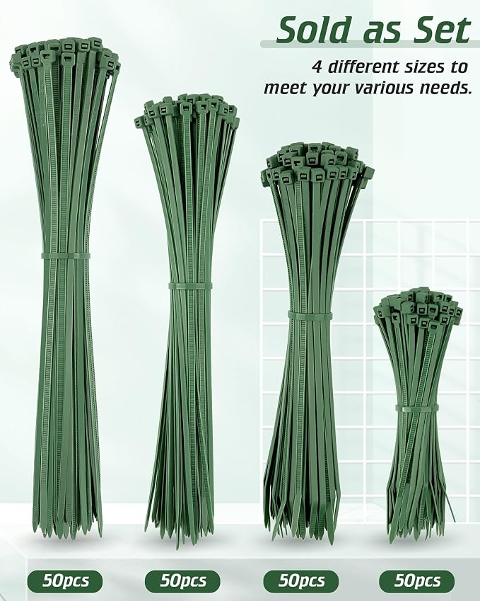 Premium PA66 Green Zip Ties, 4+8+10+12 Inch with 22-55lb Strength, Heavy Duty Self-locking Nylon Cable Ties, Decoration Tie Wraps for Holiday Lights Gardening Plants Fence Grid Wall, 200pcs Green