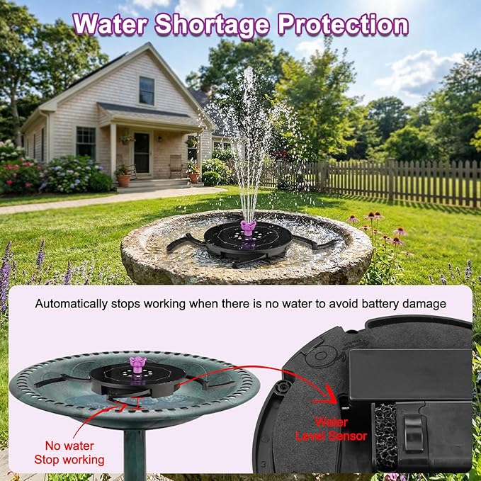 Solar Fountain Pump with 2000mah Battery & Works in Cloudy Day, Glass Solar Water Fountain with 10 LED Lights, 7 Nozzles and 3 Spray Height Adjustment, Solar Bird Bath Fountains for Garden, Pool, Pond