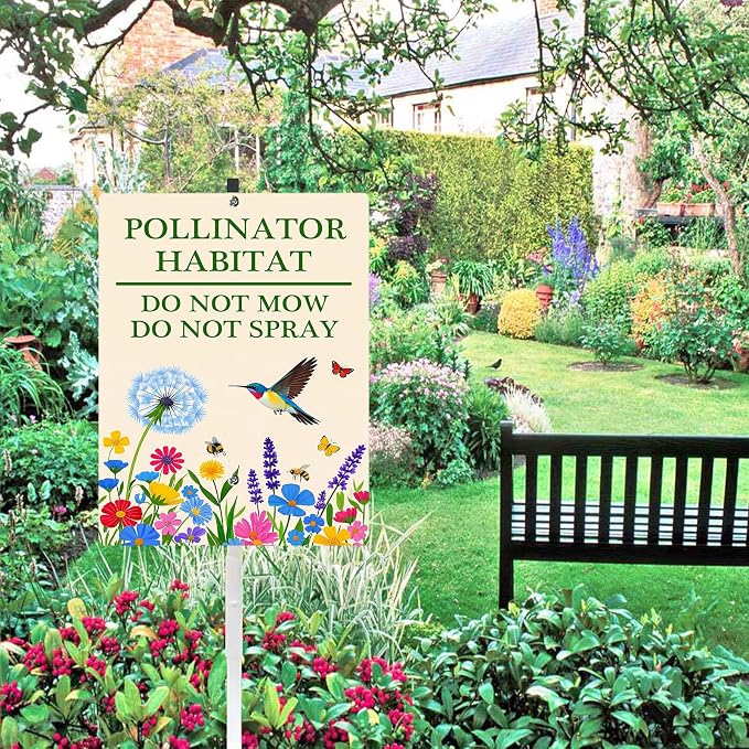 Pollinator Habitat Do Not Mow Do Not Spray Wildflower Yard Sign With Stakes Rustproof Reflective Aluminum Pollinator Friendly Garden Bee Butterfly Hummingbird Sign Stand Decorations Outdoor