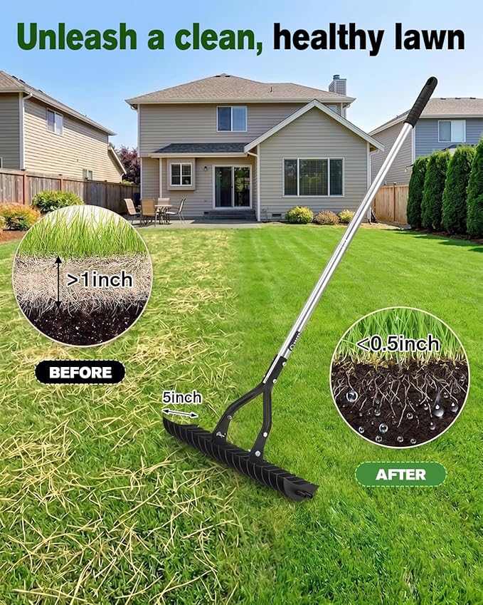 Saker Thatch Rake for Lawn Dethatching, 15" Heavy Duty Thatching Rake with 71" Adjustable Long Handle, 19 Dual-Side Steel Tines, Metal Turf Rake for Grass, Soil, Yard & Garden Lawn Care
