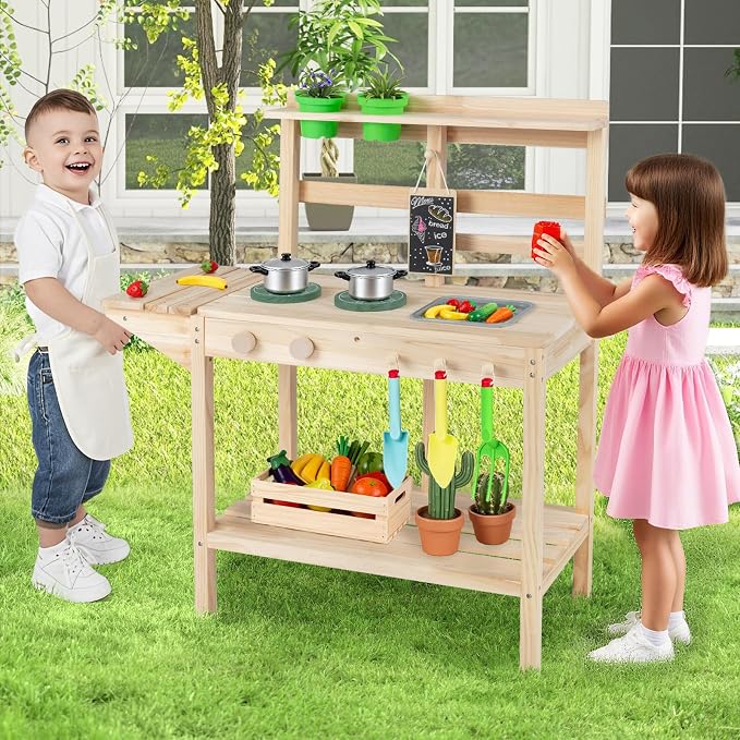 Costzon Mud Kitchen, Solid Wood Potting Bench w/2 Flowerpots, Blackboard, Sink, 2 Stoves, Outdoor Pretend Play Set for Toddlers 3+ Years, Mud Kitchen for Kids Outdoor, Gift for Girls & Boys