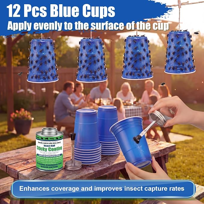 Insect Trap Sticky Coating with Brush and 12 Pcs Plastic Cups, 8 oz Insect Barrier Kit Outdoor DIY Adhesive Coating Pests for Gardens Greenhouses Orchards Plants(Deer Fly Trap Kit)
