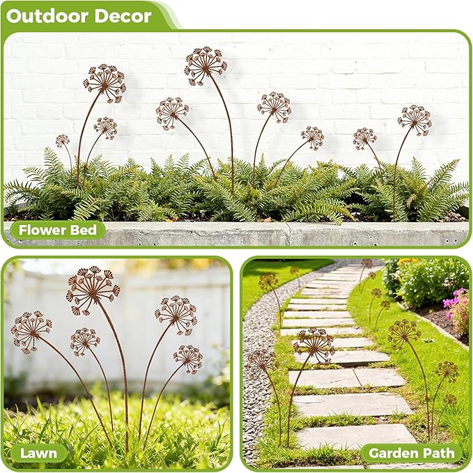 KODIBO 5-Pack Garden Stakes Decorative, Metal Dandelion Yard Stakes Outdoor Decor, Antique Rust Patina Yard Art, Rustic Garden Accents for Lawn, Border, Planters, Patio & Front Yard Landscaping