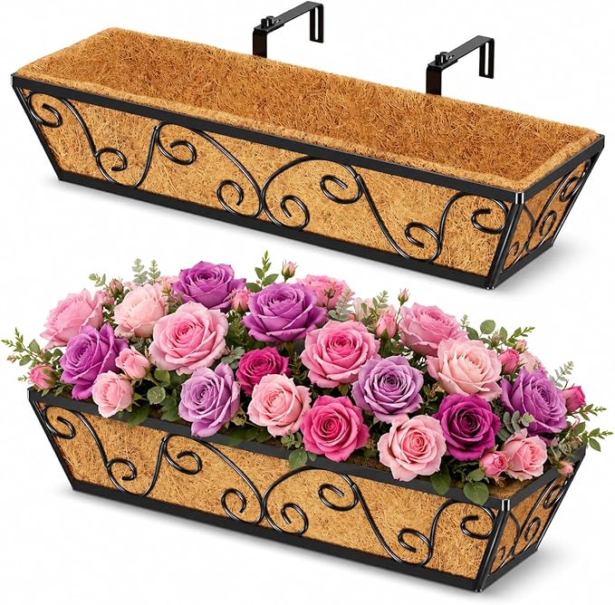 24 Inch Railing Planter Box 2 Pack, Adjustable Window Metal Box Planter with Coco Liner, Hanging Flower Planter for Balcony Deck Fence Porch Patio, Black