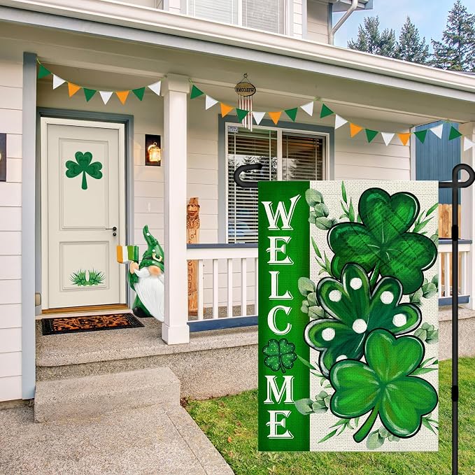 St Patricks Day Shamrocks Garden Flag 12x18 Inch, Double Sided Green Clovers Welcome Flag for Yard Outdoor Decoration