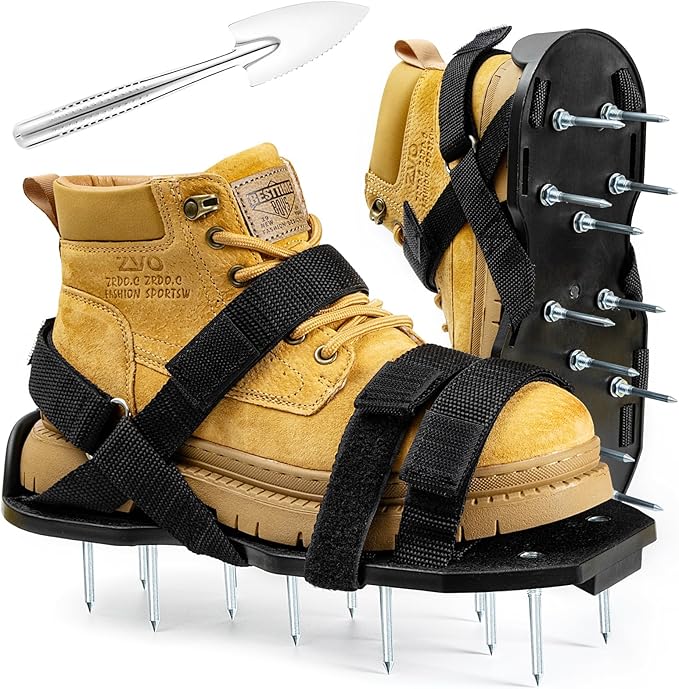 Lawn Aerator Shoes Pre-Assembled, Heavy Duty Lawn Spike Shoes with Adjustable Straps, Soil Aerating Tools for Yard Patio Garden, Includes Cleaning Shovel, Restores Lawn Health (Black)