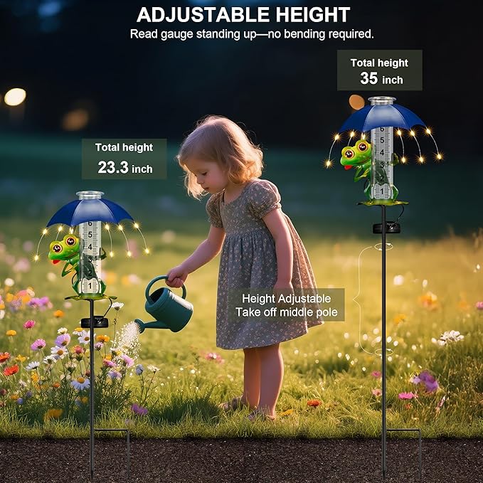 shumi Rain Gauge Outdoor, Solar Frog Rain Gauges with LED Lights ard Decor, Garden Statues Frog Gifts for Women, Yard Art Ornament for Yard Patio Garden Decor, Gardening Gifts for Women