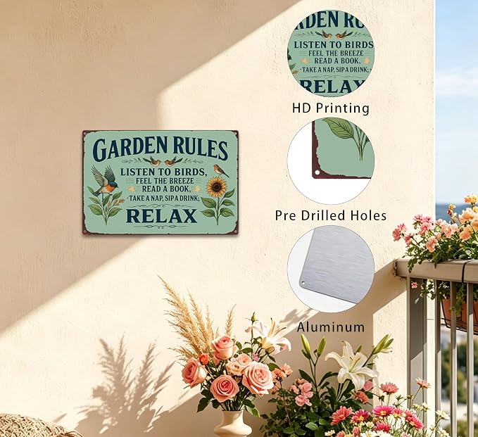 Garden Rules Metal Sign, Vintage Relax Garden Wall Art with Bird Sunflower, Retro Outdoor Decor Plaque for Patio Porch Yard She Shed Greenhouse Home Garden Decor 8x12 Inch