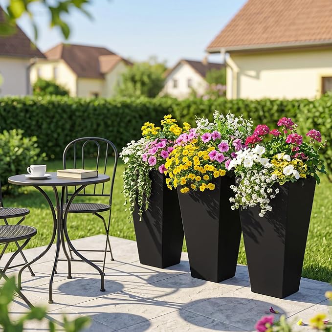 Outsunny Tall Planters for Outdoor Plants Set of 3, 28 in Taper Planters with Drainage Holes, Indoor Grande Plant Pots, Front Porch Decor, Black