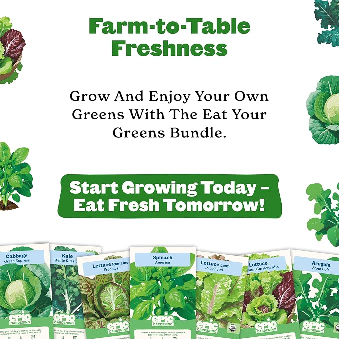 Epic Gardening: Eat Your Greens Seed Kit - 7 Heirloom & Non-GMO Varieties for Fresh Salads & 6-Cell/6 Seedling Starter Trays - Black: Plant Starter, Easy Growing, Eco-Friendly, Perfect for Beginners