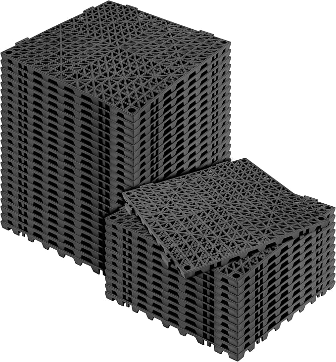 MYFAMIREA Modular Interlocking Cushion 36 Pack 11.8" x 11.8" Rubber Floor Tiles Non-Slip Splicing Drainage Mats for Deck, Black