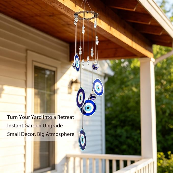 YU FENG Blue Evil Eye Wind Chimes for Outside 19" Hanging Ornament Metal Windchimes Outdoors Garden Decoration