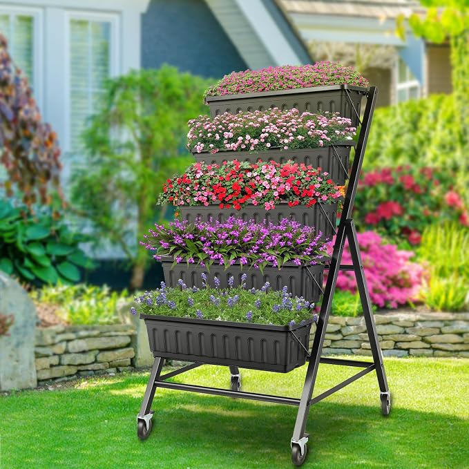 TEANDE Vertical Raised Garden Bed with Lockable Wheels, 5-Tier Elevated Planter Box w/Drainage System & 4 Hooks for Herbs Vegetables Flowers, Vertical Garden Planter for Patio Yard Indoor Outdoor