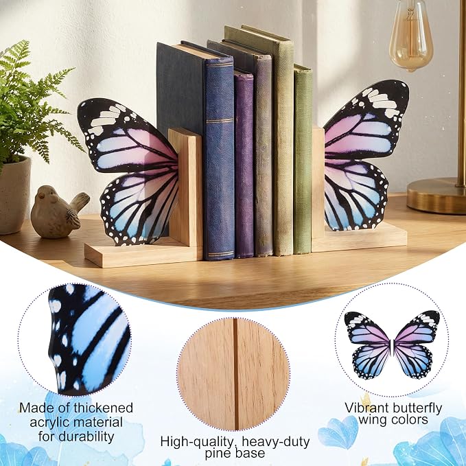 Decorative Butterfly Bookends Wooden Acrylic Butterflys Bookend Modern Bookshelf Decor Accent Book Stopper Decor for Home Farmhouse Shelves Office Lover Gift(Pale Blue Swallowtail Butterfly)