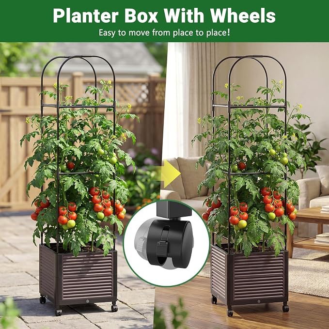Raised Garden Bed Planter Box with Trellis, 61''H Tomato Planters for Climbing Plants Vegetable Vine Flowers Outdoor Patio Tomato Cage, Self Watering Planter with Wheels