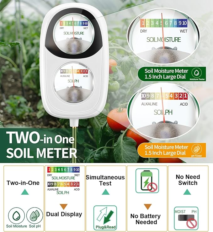 Soil Test Kit, 2-in-1 Soil Moisture Meter, Soil pH Tester, Large Dual Dial Soil Meter for Plants, Garden Soil, Lawn, Farm, Outdoor & Indoor Use-Muted White