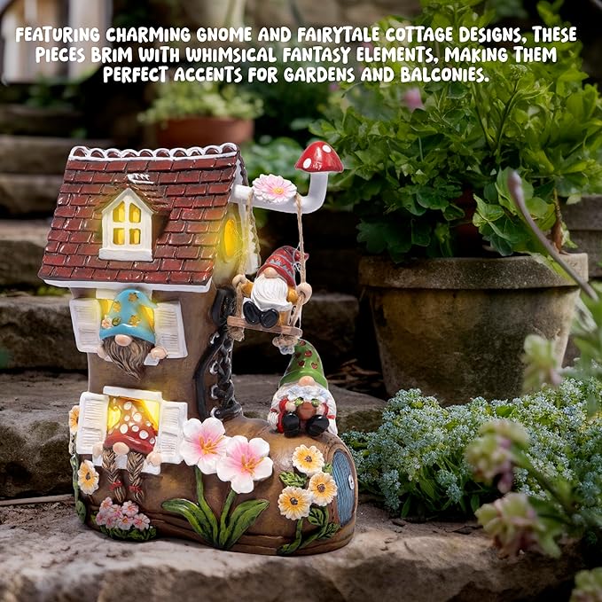basen Solar Gnome Garden Statue with Boot House, Resin Outdoor Fairy Garden Decor with LED Lights, Waterproof Yard Ornament for Patio Lawn Backyard, Charming Gnome Figurine with Mushroom Swing