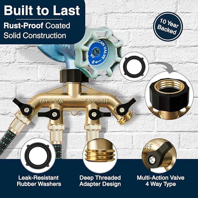 DBR Tech® Heavy Duty 4 Way Hose Splitter (Premium Brass for Superior Durability), Wye Garden Hoses Connector for Water Spigot Faucet Bib Tap, Y Adapter, Rust-Resistant Finish