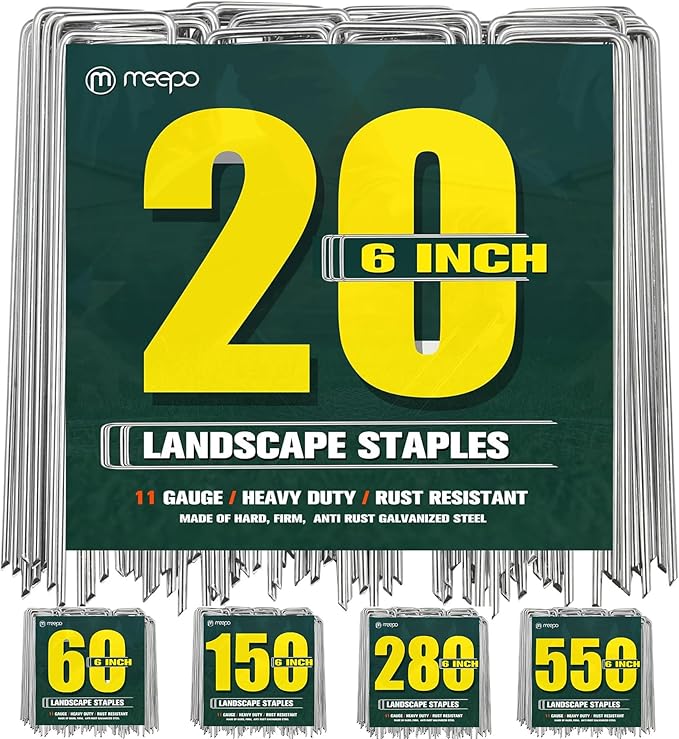 M MEEPO 20-Pack 6 Inch Heavy Duty Landscape Staples, Rust-Proof Galvanized Garden Stakes, 11 Gauge 5X Sharper U-Pins for Inflatables, Dog Fence, Tents, Weed Barrier, Outdoor Decor & Garden Repair