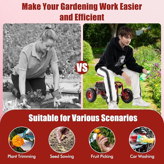 Goplus Garden Seat with Wheels, Rolling Garden Cart with 360 Degree Swivel Seat for Planting, Gardening Stool w/Tool Tray, Basket, Gardening Chair Workseat, Patio Wagon Scooter for Seniors