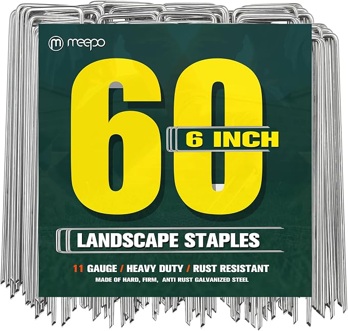 M MEEPO Garden Stakes, 60-Piece 6 Inch Never Rust Galvanized Landscape Staples, 5X Sharper Durable Stakes for Gardening, Tent, Weed Barrier, Outdoor Yard Decoration, Plant Cover