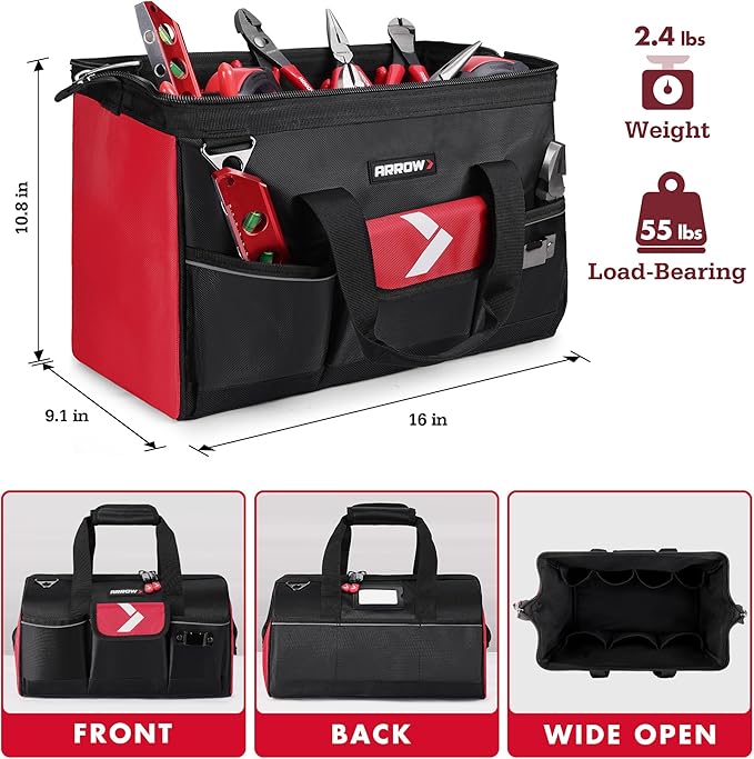 ARROW 16" Tool Bag Organizer with Anti-Slip Feet, Tool Bags for Men Heavy Duty, Wide Open Mouth, Large Capacity with 13 Pockets, Portable Toolbag for Electrician Mechanic Plumber HVAC