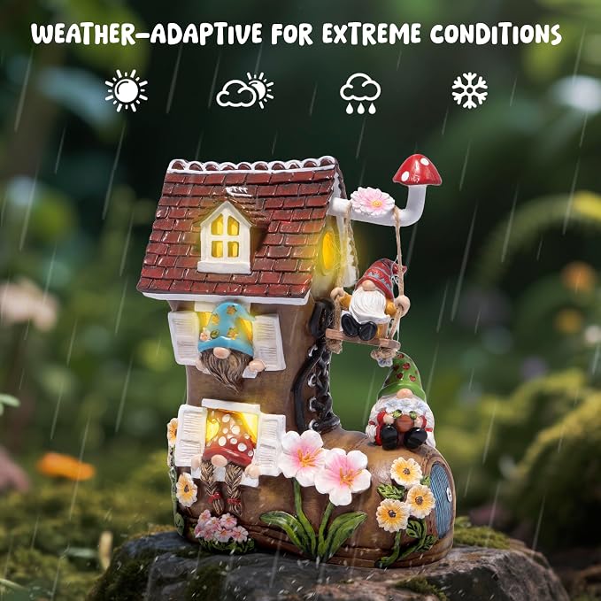 basen Solar Gnome Garden Statue with Boot House, Resin Outdoor Fairy Garden Decor with LED Lights, Waterproof Yard Ornament for Patio Lawn Backyard, Charming Gnome Figurine with Mushroom Swing