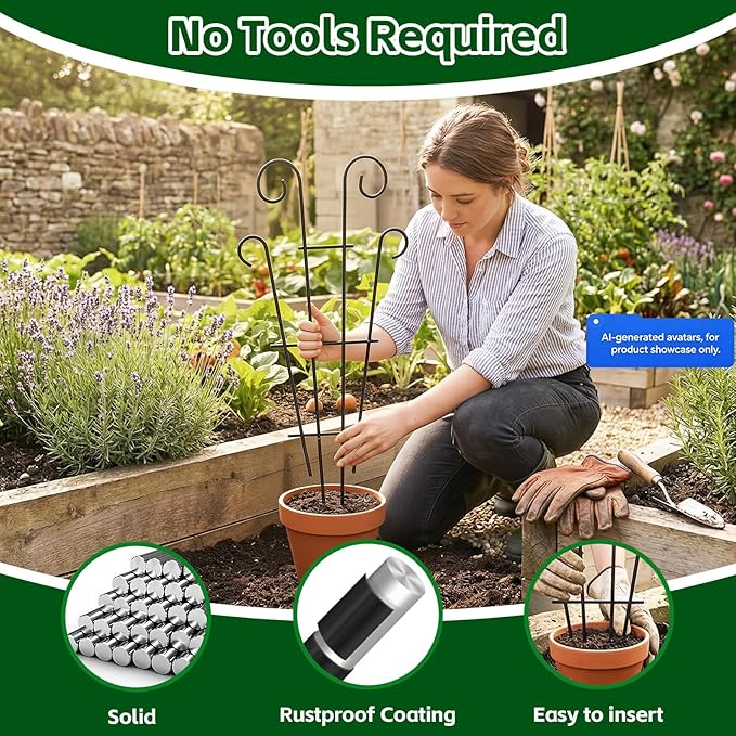 Thealyn 4 Pack 23 Inch Plant Trellis for Potted Plants, Metal Garden Trellis for Climbing Plants, Indoor Outdoor Decorative Vine Support for Pots, Wave Shape, Black