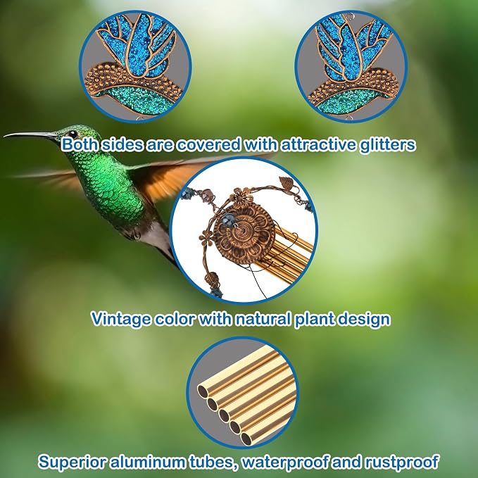 Wind Chimes - Blue Hummingbird Wind Chimes for Outside Deep Tone 34 inches 5 Aluminum Tubes, Birthday, Memorial, Hummingbird Gifts for Mom, Grandma, Decorations for Home, Garden, Patio, Backyard