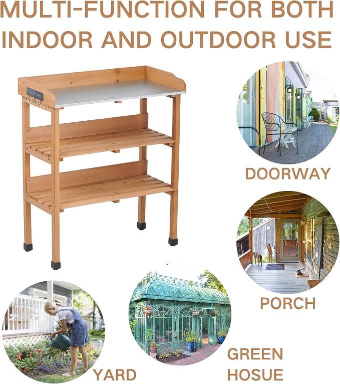 Garden Potting Table Horticulture Potting Bench w/Storage Shelf W/Metal Tabletop w/Hook 3 Shelves Workstation Work Benches Station for Garden,Solid Wood Workstation for Garage (Brown, 30″x14.5″×35.5″)