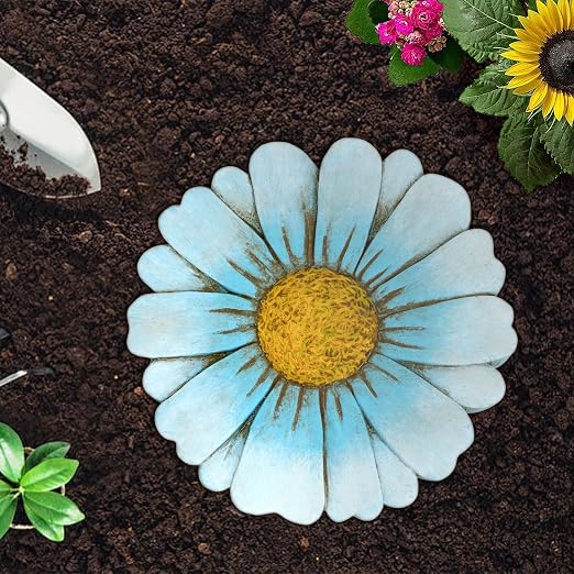 Heavy Duty Concrete Stepping Stone 10 Inch Daisy Design, Non Slip Garden Pathway Stone for Outdoor Walkway Yard Patio Lawn (Blue)