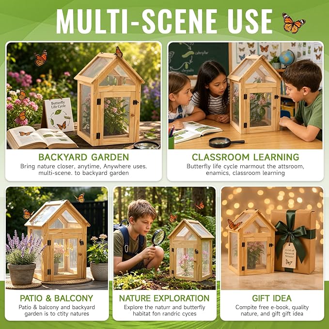 Cinnvoice Butterfly Habitat Cage Kit 19.7" Outdoor Large Insect Mesh Cage Terrarium Garden Grow Tent for Hatching Butterflies, Education Science Parent Child Interaction Observation
