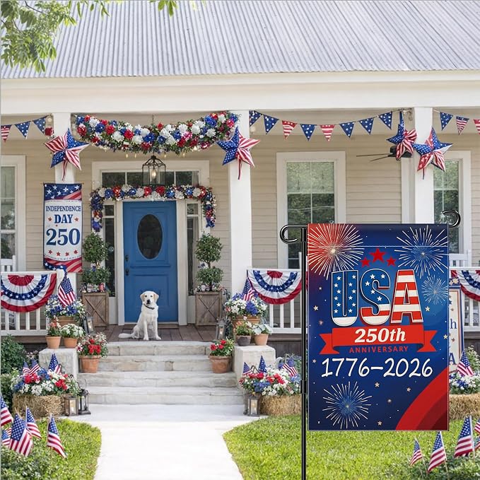 250 Anniversary USA Garden Flag, 250th Anniversary America Flag 1776-2026 Commemorative Patriotic 250 Year Banner 4th of July Yard Sign Double-Sided Waterproof Garden Flag 12x18 Inch