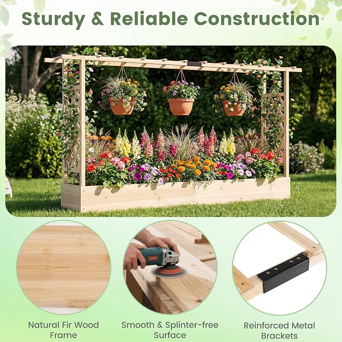 Giantex Wooden Raised Garden Bed with Trellis & Hanging Roof, 2 Pack Fir Wood Planter Box, 45” Freestanding Elevated Garden Bed for Outdoor Climbing Plants Vegetables Flowers, Patio & Balcony, Natural